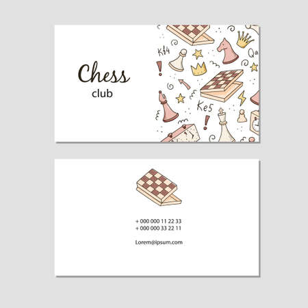 Visit card with cartoon chess game elements. Doodle sketch style. Illustration for chess club, tournaments, chess course business card design template.のイラスト素材