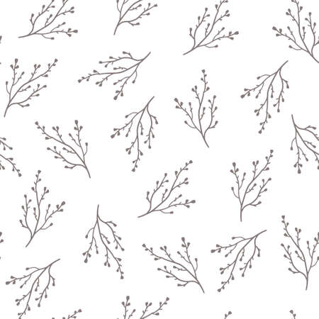 Hand drawn seamless floral pattern with simple little flower branch. Doodle sketch line style. Vector illustration for nature foliage wallpaper, background, textile design.のイラスト素材