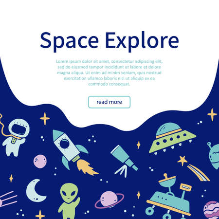 Cute cartoon Space banner template. Hand drawn kids style vector illustration. Space adventure, space explorer, technology, spaceship concept. Web banner, background, poster designのイラスト素材