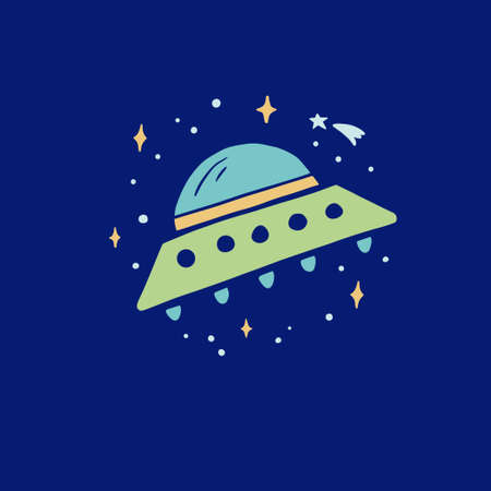 Flying to Space alien UFO. Hand drawn kids style vector illustration. Science, space explorer, technology, spaceship concept.のイラスト素材