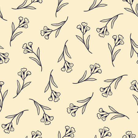 Hand drawn seamless floral pattern with simple little flower branch. Doodle sketch line style. Vector illustration for nature foliage wallpaper, background, textile design..のイラスト素材