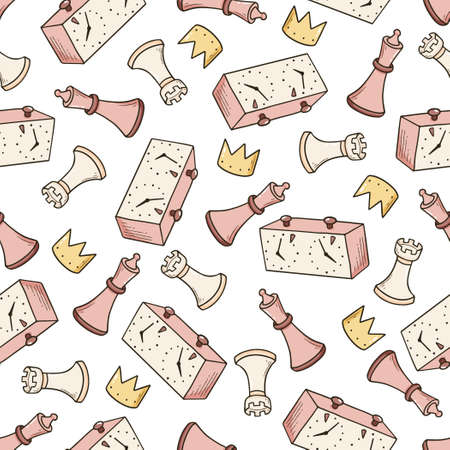 Hand drawn seamless pattern of cartoon chess game pieces. Doodle sketch style. Isolated vector illustration for a chess club, tournaments, course wallpaper, background, textile design.のイラスト素材