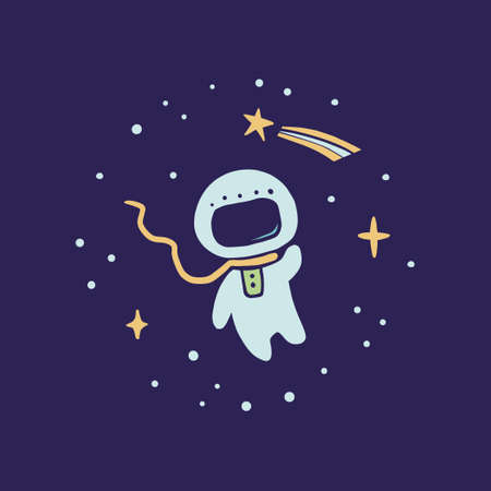 Flying to Space cute cartoon astronaut. Hand drawn kids style vector illustration. Science, space explorer, spaceman, cosmos concept.のイラスト素材