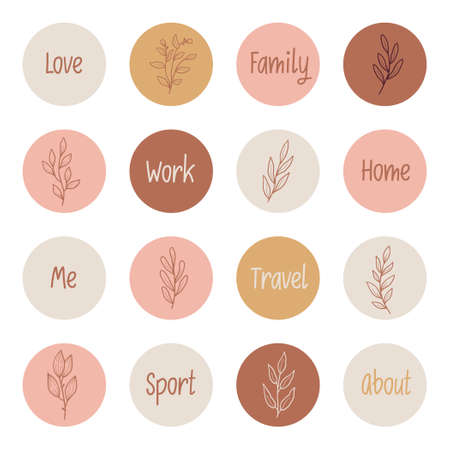 Hand drawn story highlight with minimal floral leaf, flower, branch elements. Doodle sketch style. Isolated vector illustration for logo, insta highlight, icon for blogger.のイラスト素材