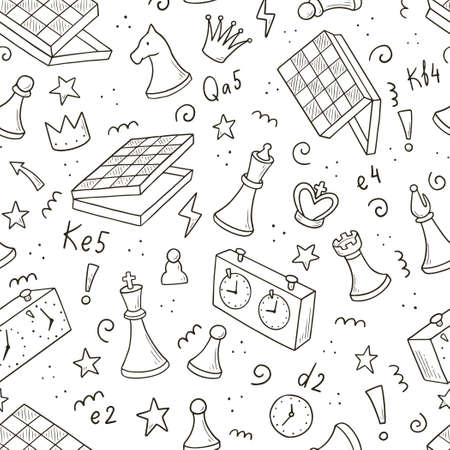 Hand drawn seamless pattern of cartoon chess game pieces. Doodle sketch style. Isolated vector illustration for a chess club, tournaments, course wallpaper, background, textile design.のイラスト素材