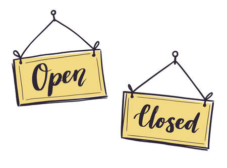 Hand drawn elements of open and closed door sign. Doodle sketch style. Shop door or window open label. Vector illustration.のイラスト素材