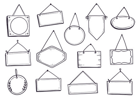Hand drawn set of open and closed door sign frame. Doodle sketch style border. Shop door or window open label template. Vector illustration.のイラスト素材