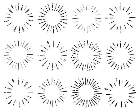 Hand drawn set of sunburst shine ray and sparkle. Doodle sketch style. Circle burst of sun, star. Vector illustration.のイラスト素材