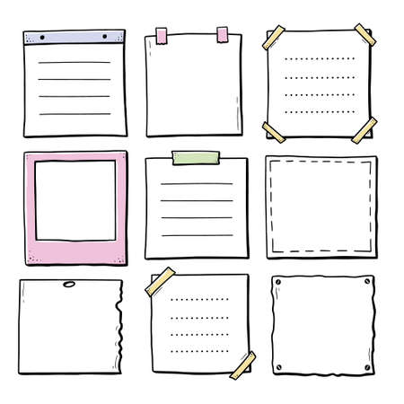 Hand drawn set of paper sticker, photo frame, memo sticky. Doodle sketch style. Frame of square and rectangle shape. Vector illustration.のイラスト素材