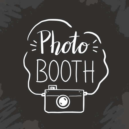 Photo booth hand drawn lettering quote with old photo camera. Vector illustration for party memories. Doodle style.のイラスト素材