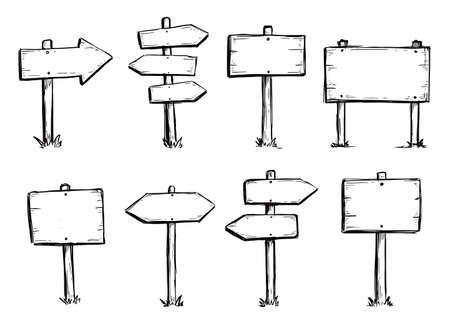 Hand drawn set of road direction sign. Doodle sketch style. Sign with wood plank. Grunge vector illustration.のイラスト素材