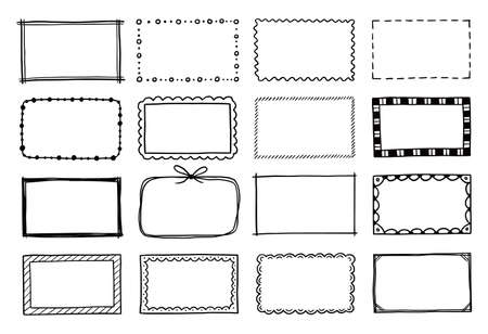 Hand drawn set of rectangle frame. Doodle sketch style. Frame with scrawl and scratch border. Vector illustration.のイラスト素材