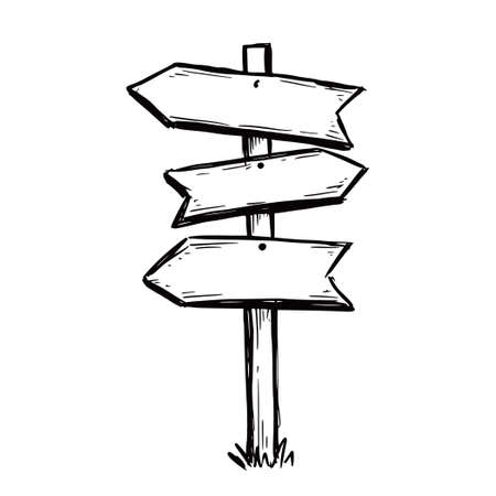 Sketch direction sign. Hand drawn doodle style. Wooden signpost. Vector illustration.のイラスト素材