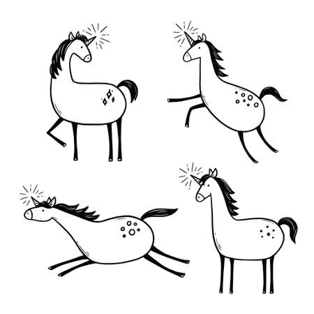 Doodle unicorn set. Hand drawn sketch style. Vector illustration.のイラスト素材