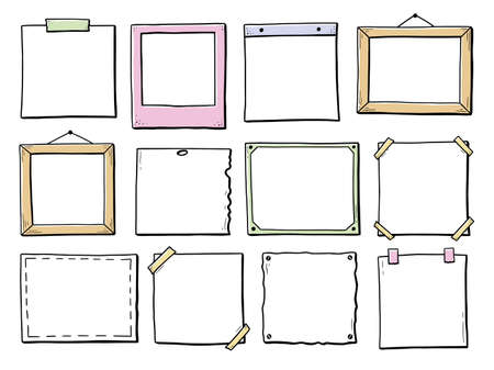 Hand drawn set of paper sticker, photo frame, picture border. Doodle sketch style. Frame of square and rectangle shape. Vector illustration.のイラスト素材