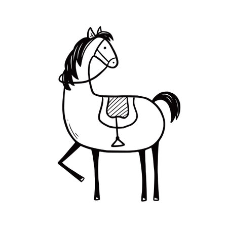 Doodle horse with saddle. Hand drawn sketch style. Cute horse for kids, children vector illustration.のイラスト素材