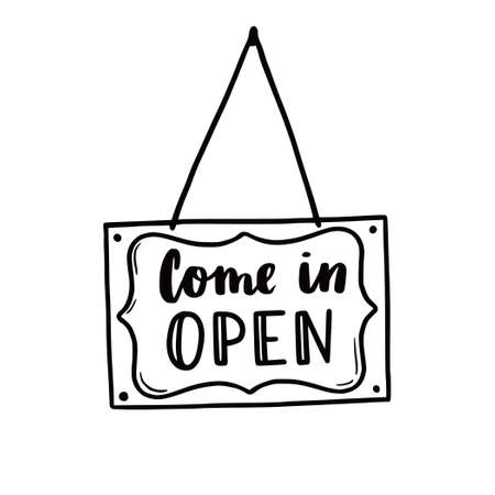 Hand drawn open sign element. Doodle sketch style. Shop door or window open label icon. Vector illustration.のイラスト素材