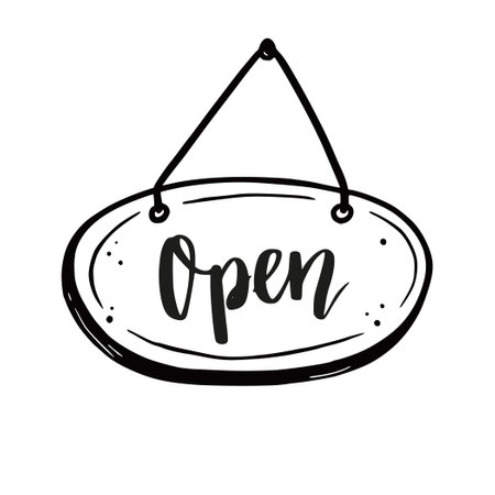 Hand drawn open sign element. Doodle sketch style. Shop door or window open label icon. Vector illustration.のイラスト素材