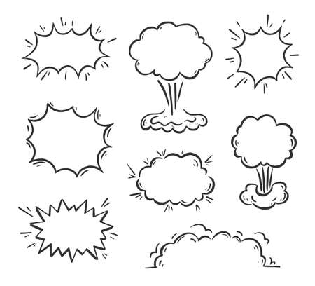 Hand drawn explosion speech bubble, splash smoke element. Comic doodle sketch. Explode speech element for text. Vector illustration.のイラスト素材
