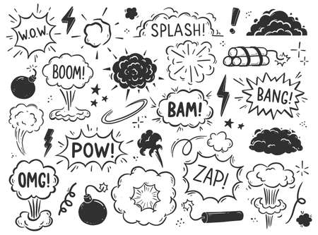 Hand drawn explosion, bomb element. Comic doodle sketch style. Explosion speech bubble with pow, boom, omg text. Vector illustration.のイラスト素材