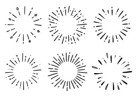 Hand drawn set of sunburst shine ray and sparkle. Doodle sketch style. Circle burst of sun, star. Vector illustration.のイラスト素材