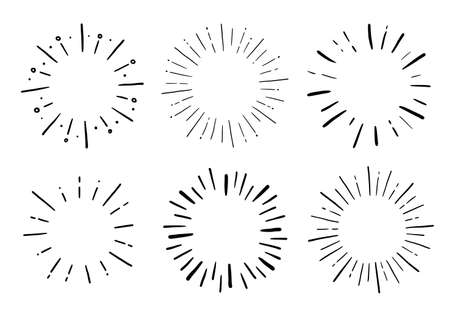 Doodle circle sunburst, sparkle ray set. Hand drawn sketch style. Shine frame symbol for badge. Vector illustration.のイラスト素材