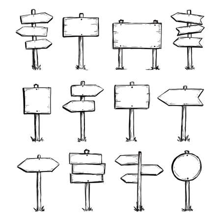 Hand drawn set of road direction sign. Doodle sketch style. Sign with wood plank. Grunge vector illustration.のイラスト素材