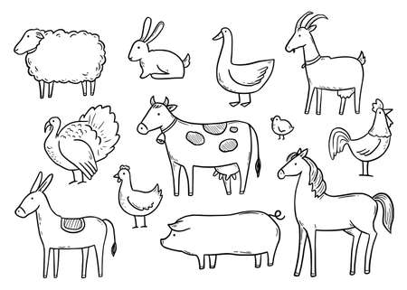 Hand drawn set farm domestic animal, horse, cow, bird. Doodle sketch style. Pork, fowl meat, farm food background, icon. Isolated vector illustration.のイラスト素材