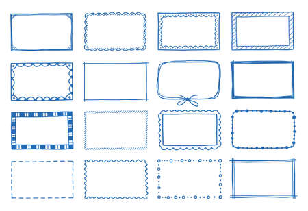 Hand drawn set of rectangle frame. Doodle sketch style. Frame with scrawl and scratch border. Vector illustration.のイラスト素材