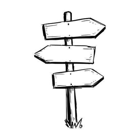Sketch direction sign. Hand drawn doodle style. Wooden signpost. Vector illustration.のイラスト素材