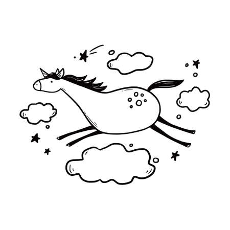 Doodle cute unicorn. Hand drawn sketch style. Simple black and white color unicorn vector illustration.のイラスト素材