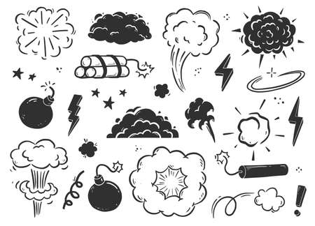 Hand drawn explosion, bomb, smoke element. Comic doodle sketch. Bomb cloud, dynamite, star sign. Vector illustration.のイラスト素材