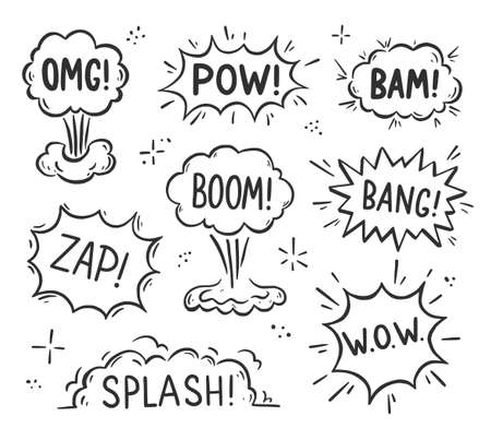 Hand drawn explosion speech bubble, splash smoke element. Comic doodle sketch. Explode speech bubble with pow, boom, omg text. Vector illustration.のイラスト素材