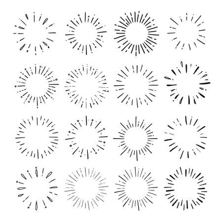 Doodle circle sunburst, sparkle ray set. Hand drawn sketch style. Shine frame symbol for badge. Vector illustration.のイラスト素材