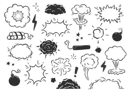 Hand drawn explosion, bomb, smoke element. Comic doodle sketch. Bomb cloud, dynamite, star sign. Vector illustration.のイラスト素材