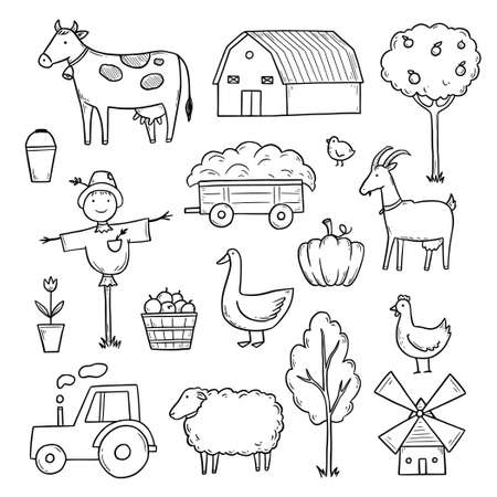 Hand drawn set farm animal, horse, cow, farmer food. Doodle sketch style. Agriculture life background, icon. Isolated vector illustration.のイラスト素材