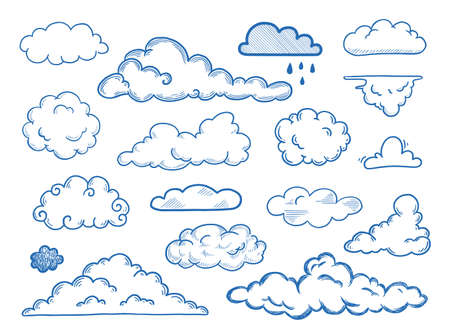 Hand drawn cloud set. Doodle sketch style cloud. Simple outline scribble draw. Vector illustration.のイラスト素材