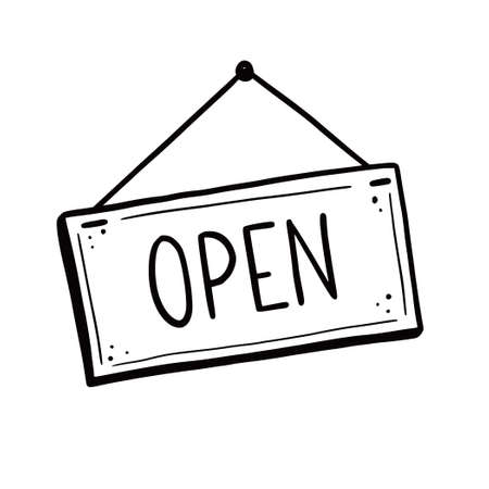 Hand drawn open sign element. Doodle sketch style. Shop door or window open label icon. Vector illustration.のイラスト素材