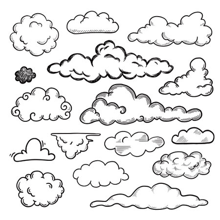 Hand drawn cloud set. Doodle sketch style cloud. Simple outline scribble draw. Vector illustration.のイラスト素材