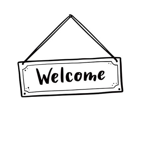 Hand drawn welcome sign element. Doodle sketch style. Shop door or window open label icon. Vector illustration.のイラスト素材