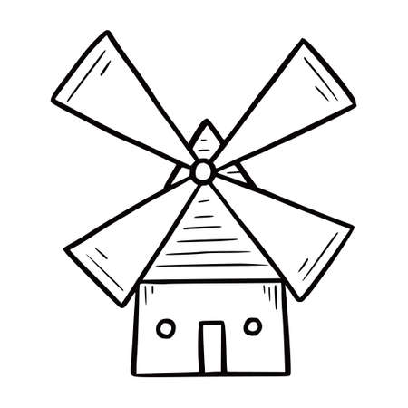 Hand drawn windmill. Doodle sketch style. Drawing line simple mill icon. Isolated vector illustration.のイラスト素材