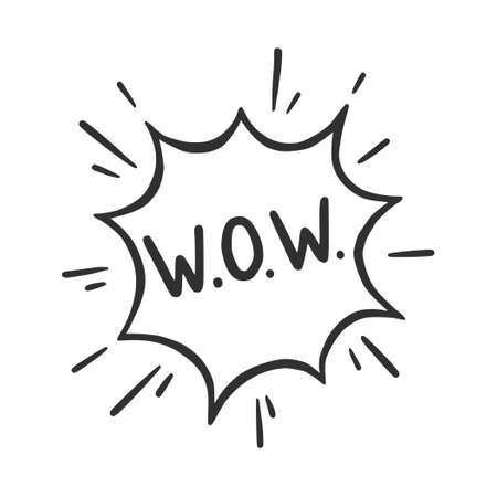 Hand drawn cloud speech bubble element with wow text. Comic doodle sketch style. Explosion cloud icon. Isolated vector illustration.のイラスト素材