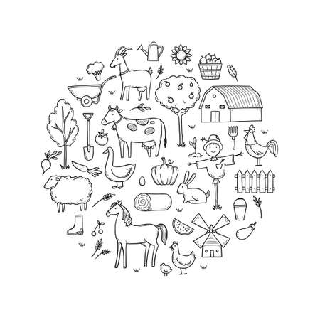 Hand drawn set farm animal, horse, cow, farmer food. Doodle sketch style. Agriculture life background, icon. Isolated vector illustration.のイラスト素材