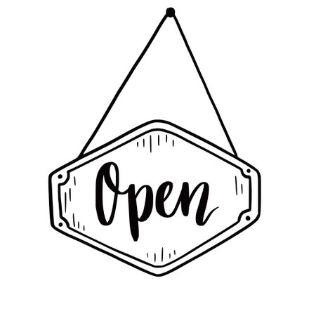 Hand drawn open sign element. Doodle sketch style. Shop door or window open label icon. Vector illustration.のイラスト素材