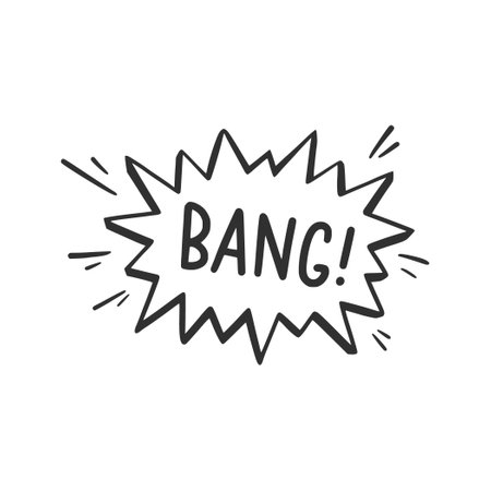 Hand drawn cloud speech bubble element with bang text. Comic doodle sketch style. Explosion cloud icon. Isolated vector illustration.のイラスト素材