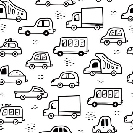 Car pattern. Doodle sketch style seamless background. Hand drawn toy car vector illustration for baby texture, print.のイラスト素材