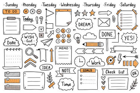 Bullet journal hand drawn element set, sticker, planner label. Doodle sketch scribble style. Bullet journal vector illustration for diary decorationのイラスト素材