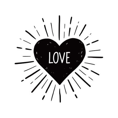Heart with love text. Hand drawn sketch style. Heart vector illustration for sunburst frame, love quoteのイラスト素材