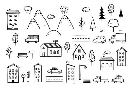 City map with house, landscape element. Hand drawn sketch style. House, tree, mountain vector illustration for village, city map.のイラスト素材