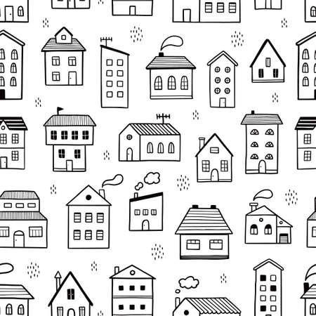 House pattern. Doodle sketch style seamless background. Hand drawn home with roof vector illustration for texture, print.のイラスト素材